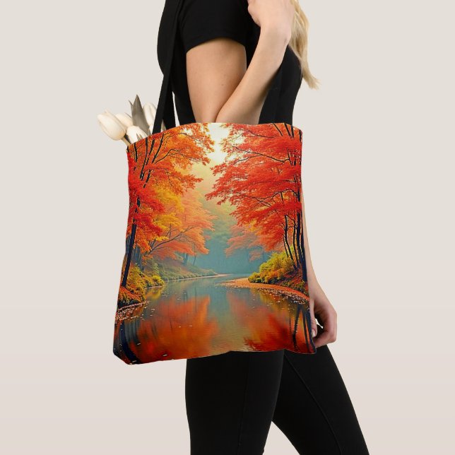 Vibrant Autumn Forest River Tote Bag (Close Up)