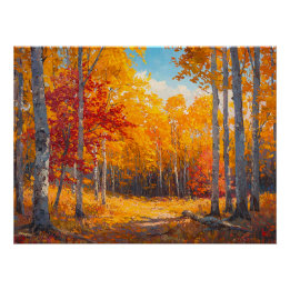 Vibrant Autumn Forest with Orange & Crimson Leaves Poster