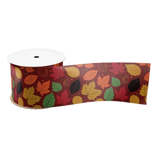 Vibrant Autumn Leaves Multi-Coloured Pattern Satin Ribbon (Spool)
