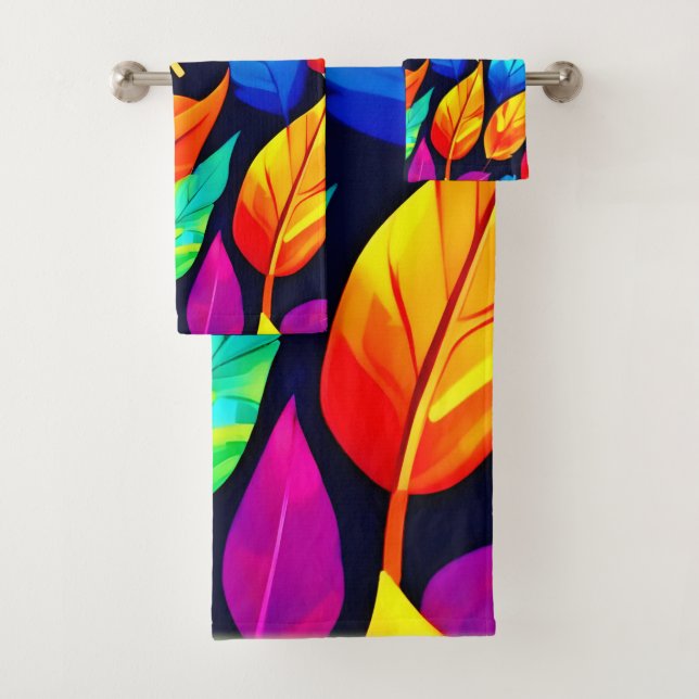 Vibrant Autumn Leaves Pattern Bath Towel Set (Insitu)