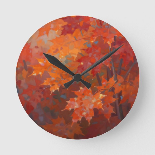 Vibrant Autumn Maple Leaves Canopy Round Clock (Front)