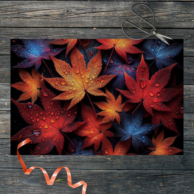 Vibrant Autumn Maple Leaves with Water Droplets Tissue Paper (Creator Uploaded)