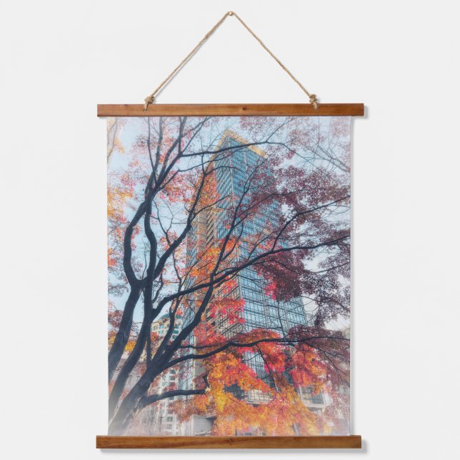 Vibrant Autumn Maple Tree and Skyscraper Hanging Tapestry (Front)