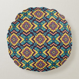 Vibrant Aztec Geometric Floral Pattern Round Cushion