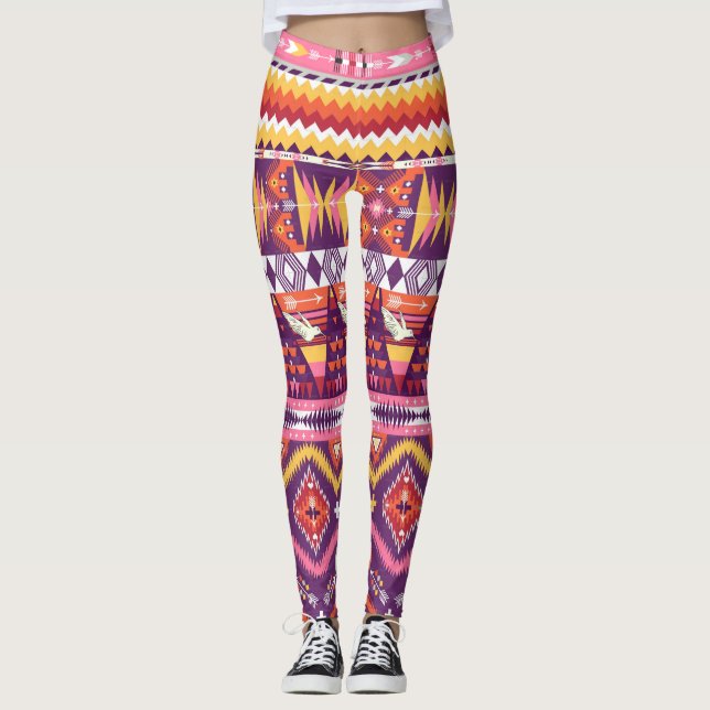 Vibrant Aztec Geometric Pattern Leggings (Front)