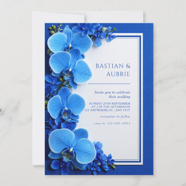 Vibrant Azure Blue Botanical Orchid Wedding Invitation (Front)