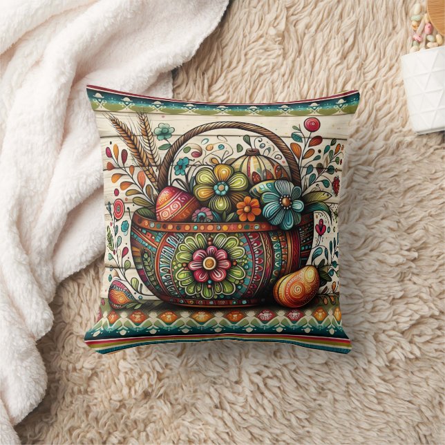 Vibrant basket of flowers and decorated eggs cushion (Blanket)