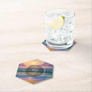 Vibrant Beach Background Faux Glitter Wedding Paper Coaster