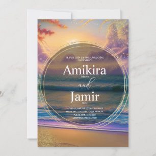 Vibrant Beach Background Glitter Wedding Invitation