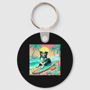 Vibrant Beach Scene Graphic Surfing Dog And Tropic Key Ring