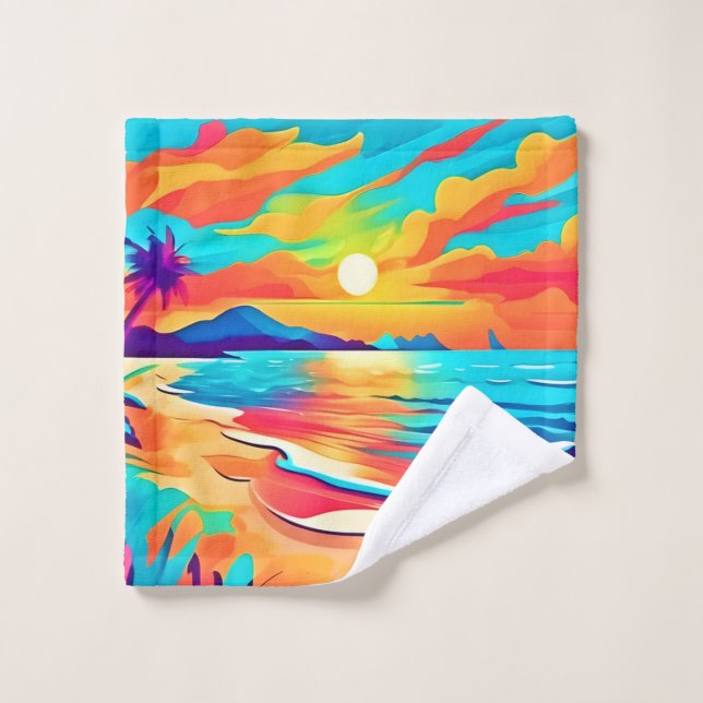 Vibrant Beach Sunset Art Bath Towel Set (Wash Cloth)