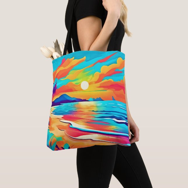 Vibrant Beach Sunset Art Tote Bag (Close Up)