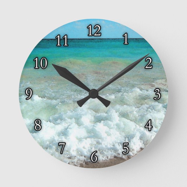 Vibrant Beach Watercolor Scene Round Clock (Front)