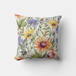 Vibrant Beauty Watercolor Wildflower Decorative Cushion
