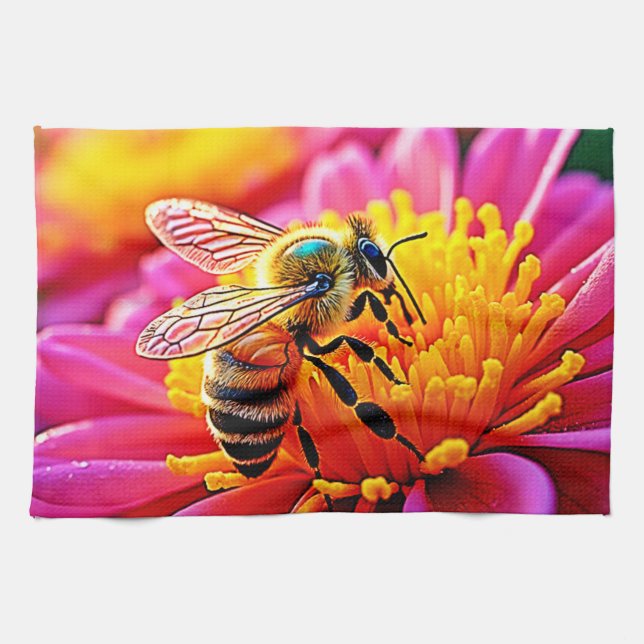 Vibrant Bee on Bloom Design Tea Towel (Horizontal)
