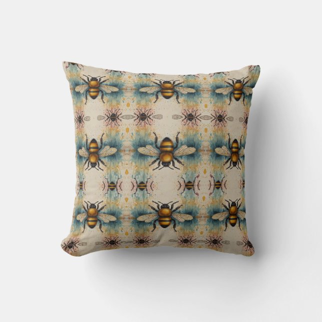 Vibrant Bee Watercolour Pattern Cushion (Front)
