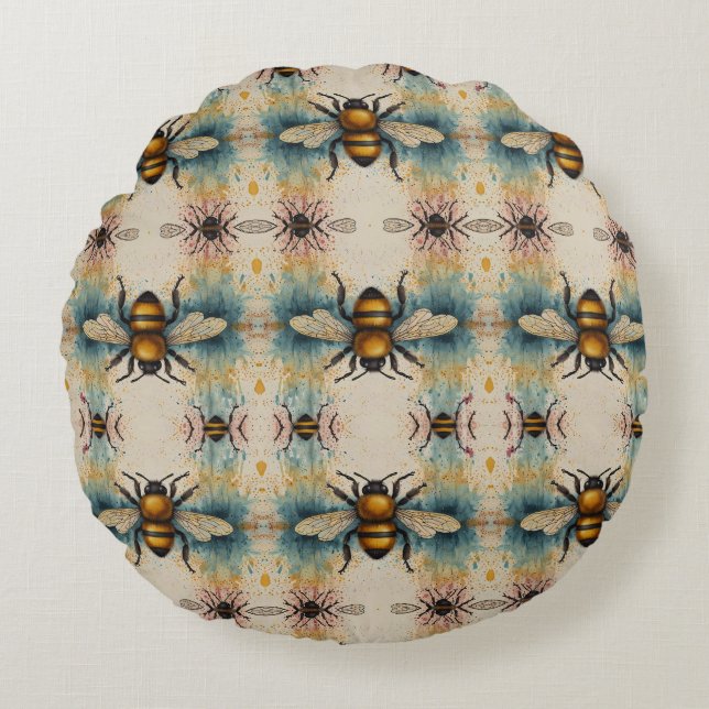 Vibrant Bee Watercolour Pattern Round Cushion (Front)
