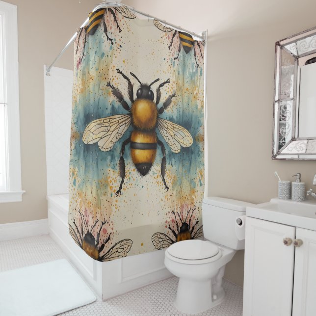  Vibrant Bee with pastel Hues Shower Curtain (In Situ)