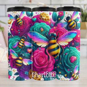 Vibrant Bees: Rainbow Wings, Teal Roses Thermal Tumbler