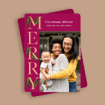 Vibrant Berry Merry Pine Photo Christmas  Holiday Card<br><div class="desc">Vibrant berry Christmas greeting card features gold tone merry side text decorated with beautiful watercolor greenery pine branches,  and a deep grape back of the card. Personalise this holiday greeting with your own photo and name.</div>
