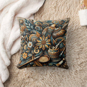 Vibrant bird and floral design with artistic tools cushion
