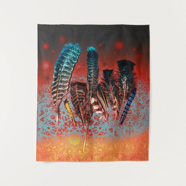 Vibrant Bird Feathers Orange Turquoise Southwest Tapestry (Front)