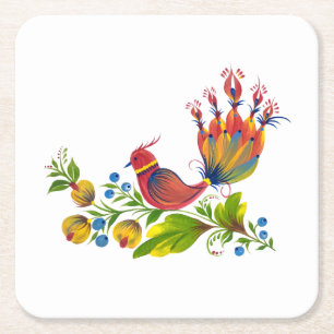 Vibrant Bird of Happiness Floral  Square Paper Coaster