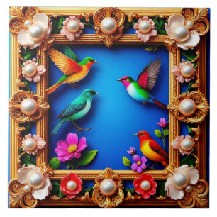 Vibrant Birds Encircled by Ornate Floral Frame Ceramic Tile