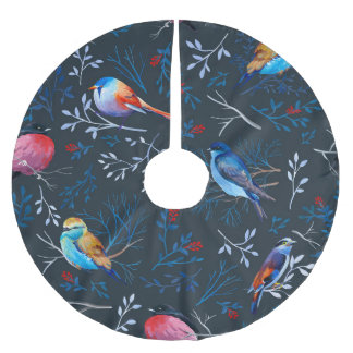 Vibrant Birds: Gouache Dark Elegance Brushed Polyester Tree Skirt