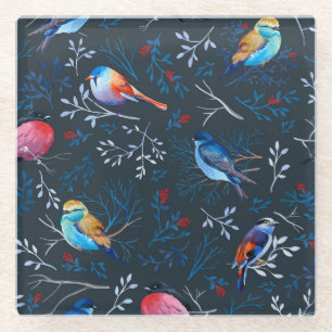 Vibrant Birds: Gouache Dark Elegance Glass Coaster