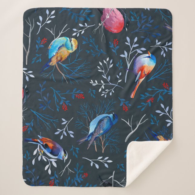 Vibrant Birds: Gouache Dark Elegance Sherpa Blanket (Front)