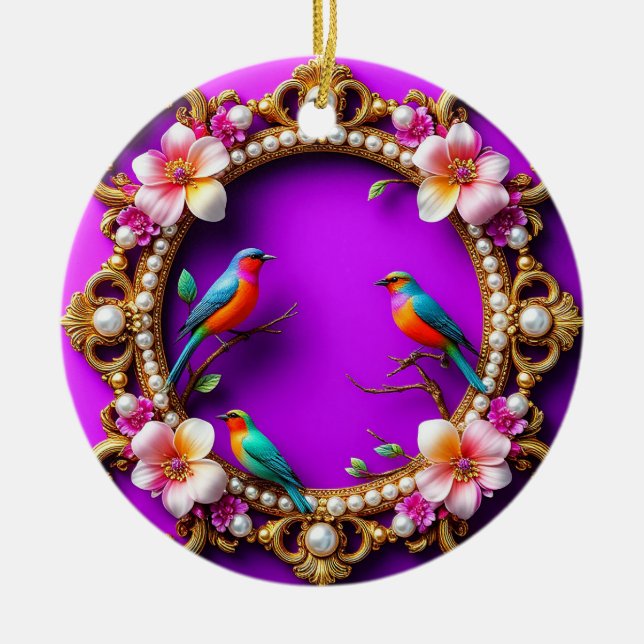 Vibrant Birds Perched Ceramic Ornament (Front)