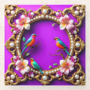 Vibrant Birds Perched Glass Coaster