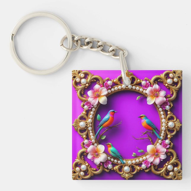 Vibrant Birds Perched Key Ring (Front)