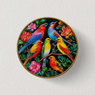 Vibrant Birds Perched on Flowering Branches 3 Cm Round Badge