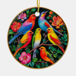 Vibrant Birds Perched on Flowering Branches Ceramic Ornament
