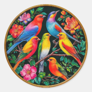 Vibrant Birds Perched on Flowering Branches Classic Round Sticker
