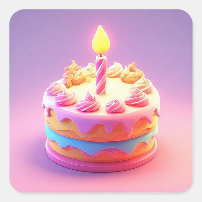 Vibrant Birthday Cake with Candle Square Sticker (Front)