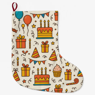 Vibrant Birthday Party Seamless Pattern Large Christmas Stocking