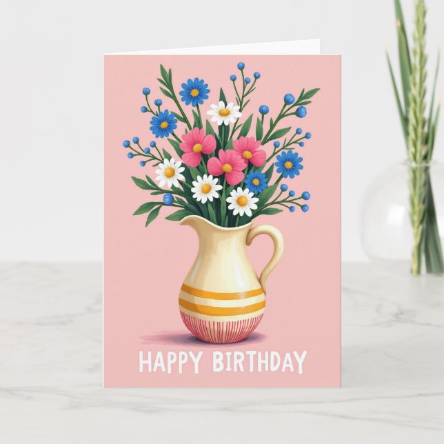 Vibrant Birthday Pitcher Flowers Card (Front)