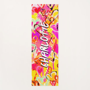 Vibrant Bliss: Pink and Yellow Graffiti Hearts Yoga Mat