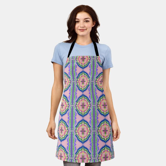 Vibrant Bloom Kaleidoscope: Pink & Emerald Mandala Apron (Worn)