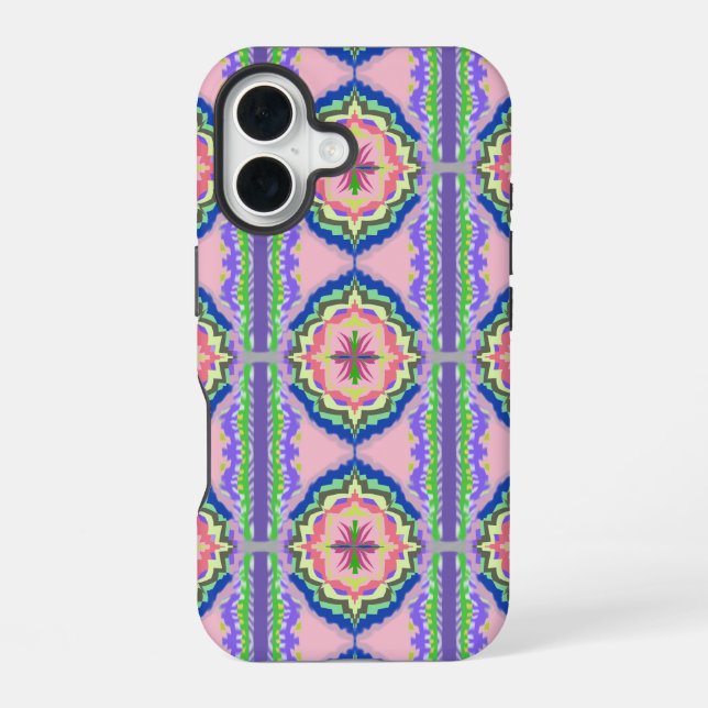 Vibrant Bloom Kaleidoscope: Pink & Emerald Mandala iPhone 16 Case (Back)