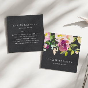 Vibrant Bloom Modern Watercolor Floral Black Square Business Card