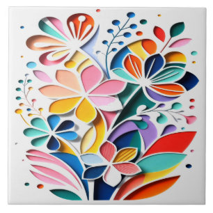 Vibrant Bloom Symphony – Modern Paper-Cut Floral A Ceramic Tile