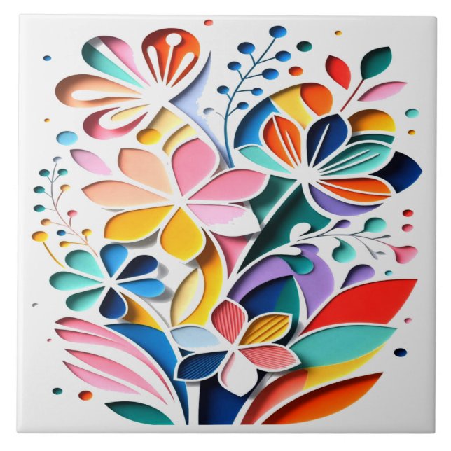 Vibrant Bloom Symphony – Modern Paper-Cut Floral A Ceramic Tile (Front)