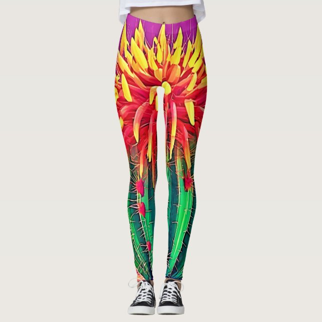 Vibrant Blooming Cactus Leggings (Front)