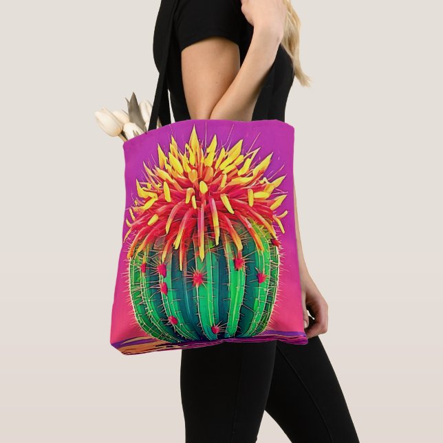Vibrant Blooming Cactus Tote Bag (Close Up)