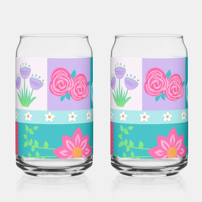 Vibrant Blooming Flowers Design Can Glass (Front)