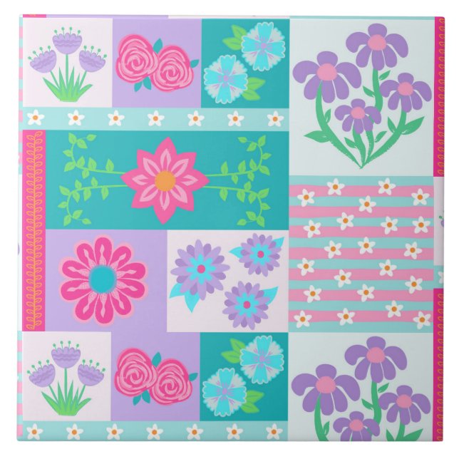 Vibrant Blooming Flowers Design Ceramic Tile (Front)
